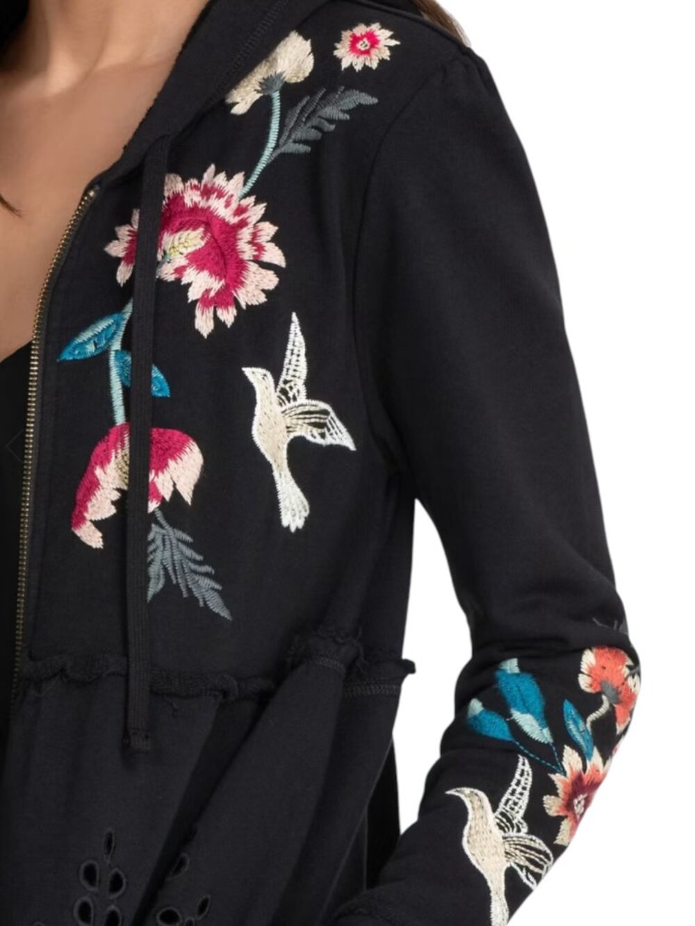 Johnny Was Junia Jacket Embroidered Eyelet Zip Front Hooded Black S - Picture 3 of 12
